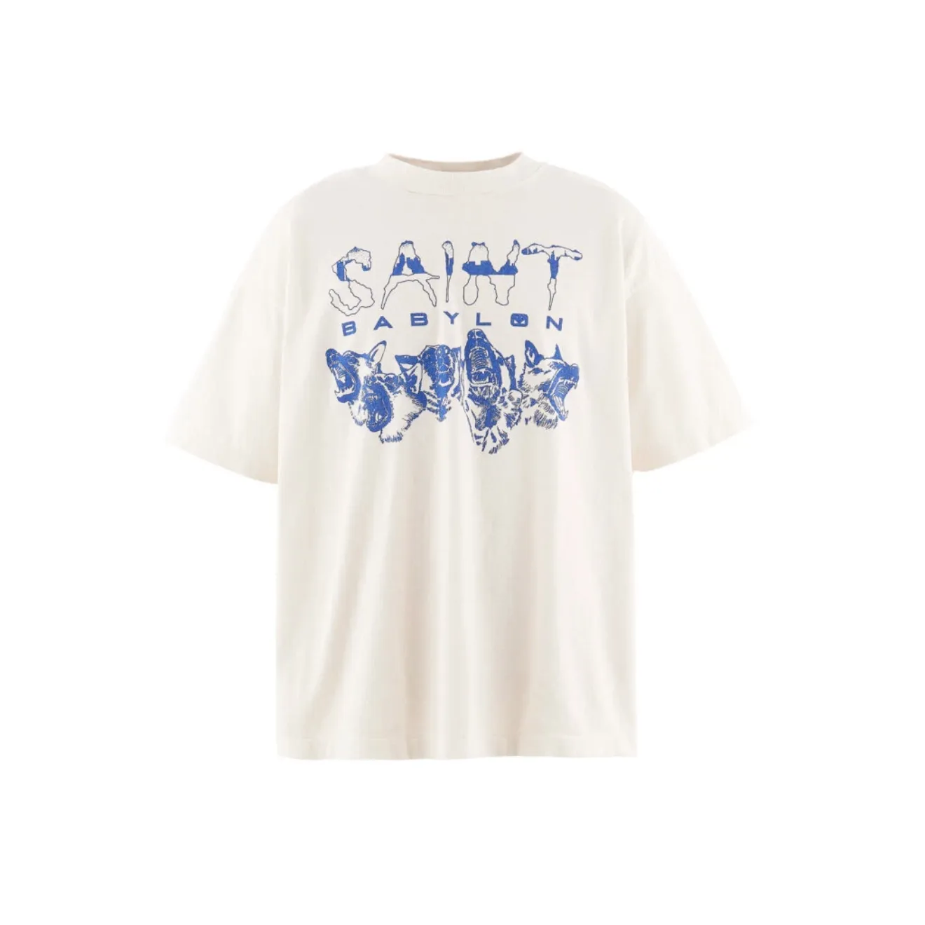 ❥8043 P116 Saint Mxxxxxx✖️BABYLON short-sleeved, off-white main tone, blue "6" + black "SAINT" and "BABYLON" words on the back, super eye-catching! There is a scarab pattern in the middle. Made of pure cotton fabric. 280g. Technology: ink printing. Size: (S-M-L-XL). Color: beige.